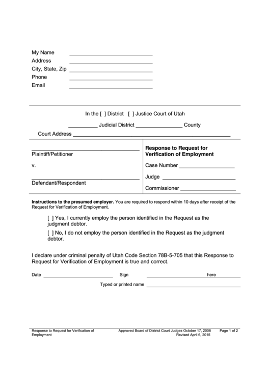 Response To Request For Verification Of Employment Form Printable pdf