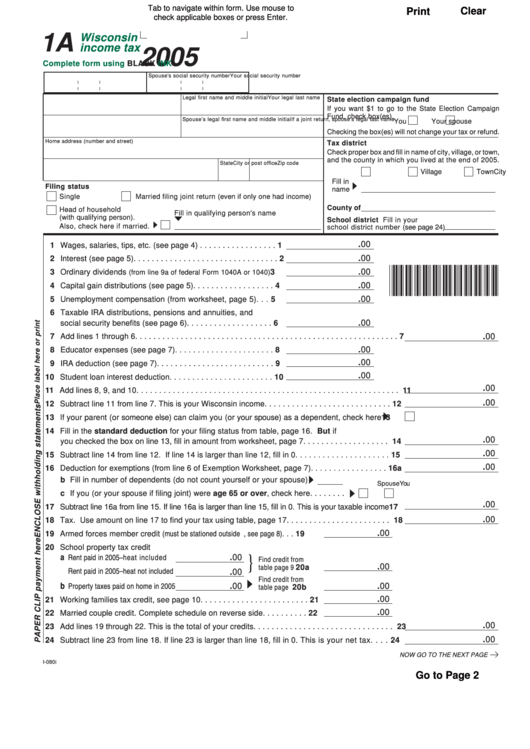 Fillable Form 1a Wisconsin Tax Return 2005 printable pdf