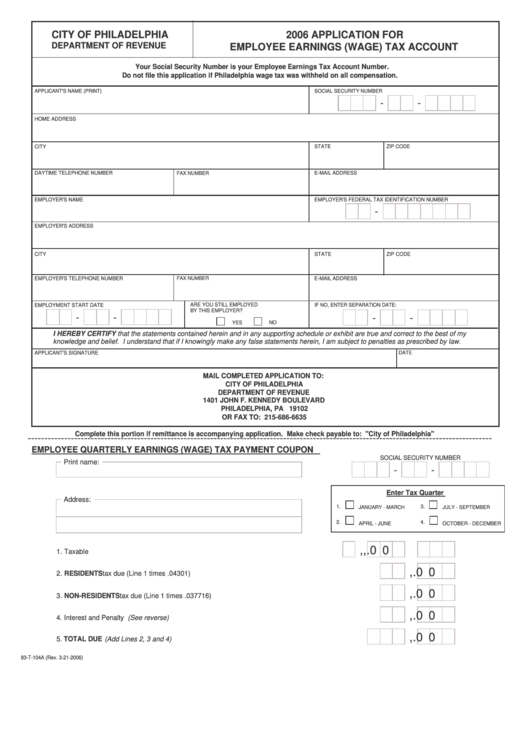 Application For Employee Earnings (Wage) Tax Account Form Printable pdf
