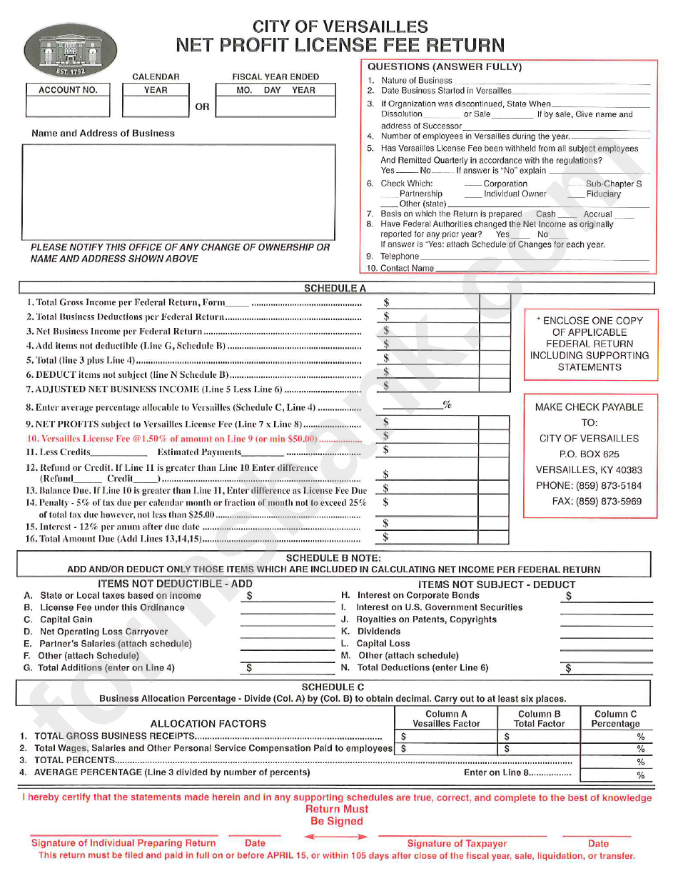 Net Profit License Fee Return Form City Of Versailles printable pdf