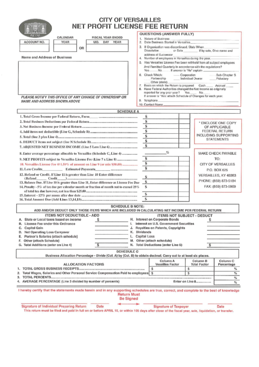 Net Profit License Fee Return Form City Of Versailles printable pdf