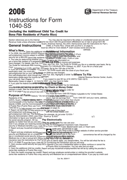 Instructions For Form 1040-Ss - U.s. Self-Employment Tax Return (Including The Additional Child Tax Credit For Bona Fide Residents Of Puerto Rico) - Internal Revenue Service - 2006 Printable pdf
