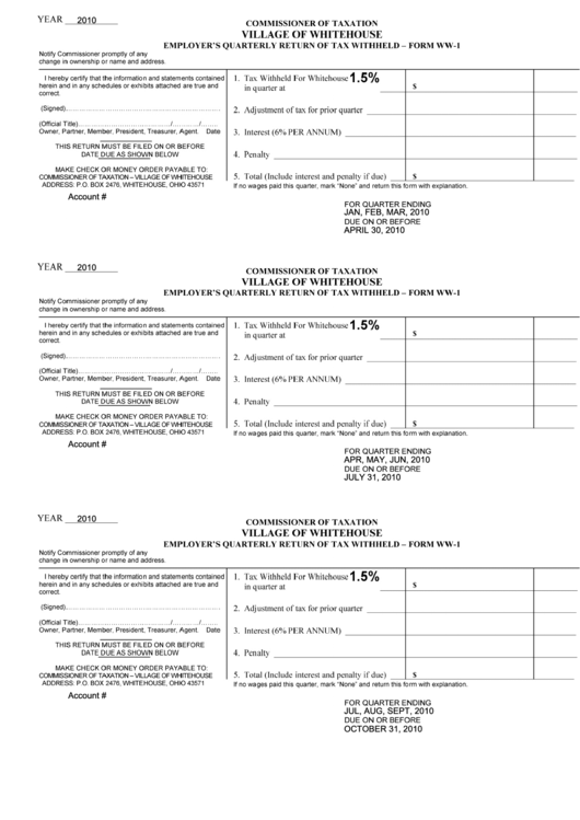 Fillable Employers Quarterly Return Of Tax Withheld Form Printable pdf