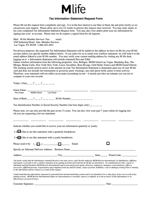 Tax Information Statement Request Form Printable pdf