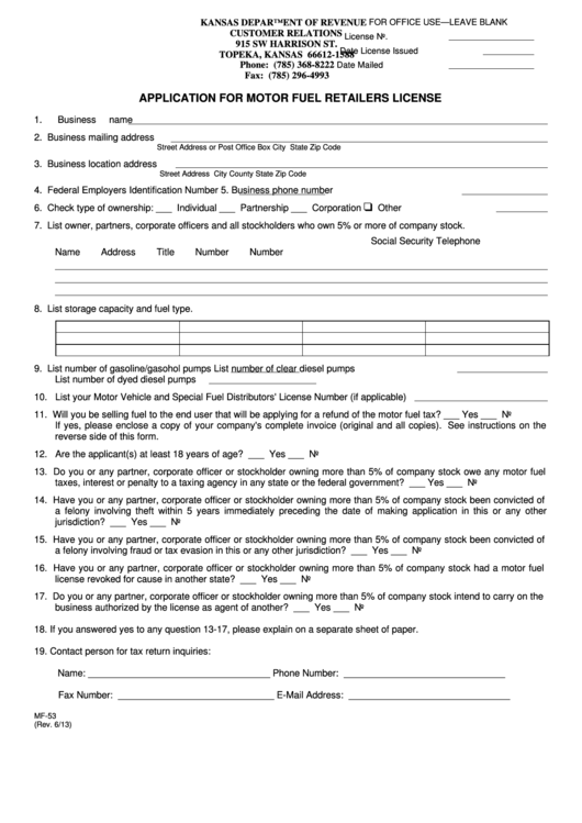 Fillable Form Mf-53 - Application For Motor Fuel Retailers License Printable pdf
