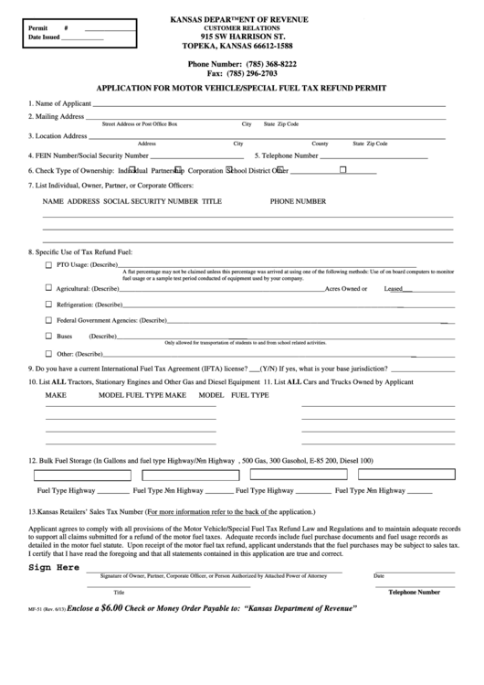 Fillable Form Mf-51 - Application For Motor Vehicle/special Fuel Tax Refund Permit Printable pdf