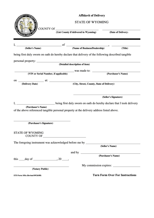 Form 105a - Affidavit Of Delivery Printable pdf
