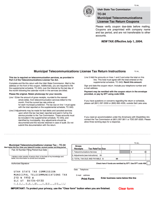 Fillable Form Tc-34 - Municipal Telecommunications License Tax Return Coupons Printable pdf