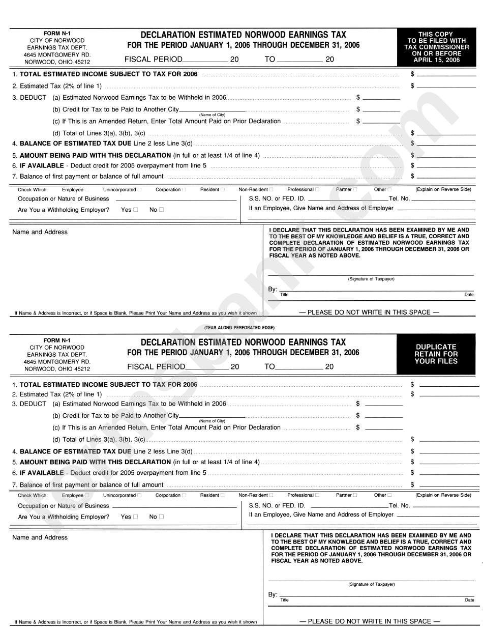 Form N-1 - Declaration Estimated Norwood Earnings Tax - 2006