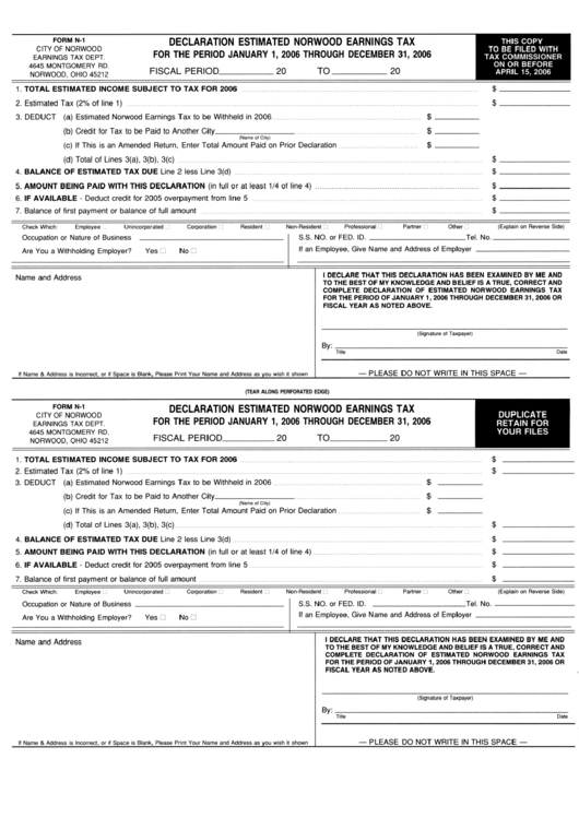 Form N-1 - Declaration Estimated Norwood Earnings Tax - 2006 Printable pdf
