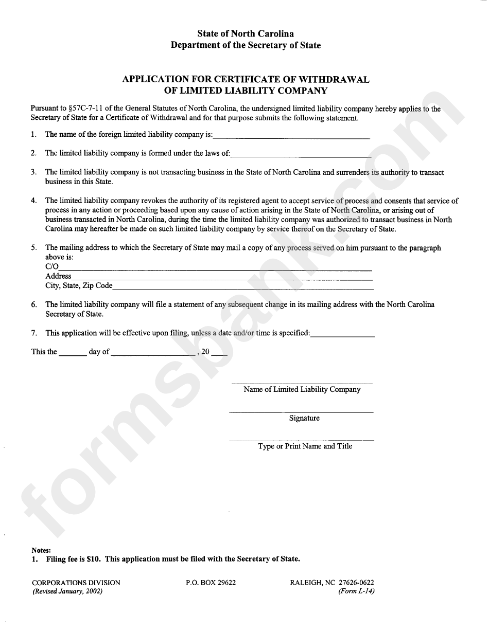 Form L-14 - Application For Certificate Of Withdrawal Of Limited Liability Company