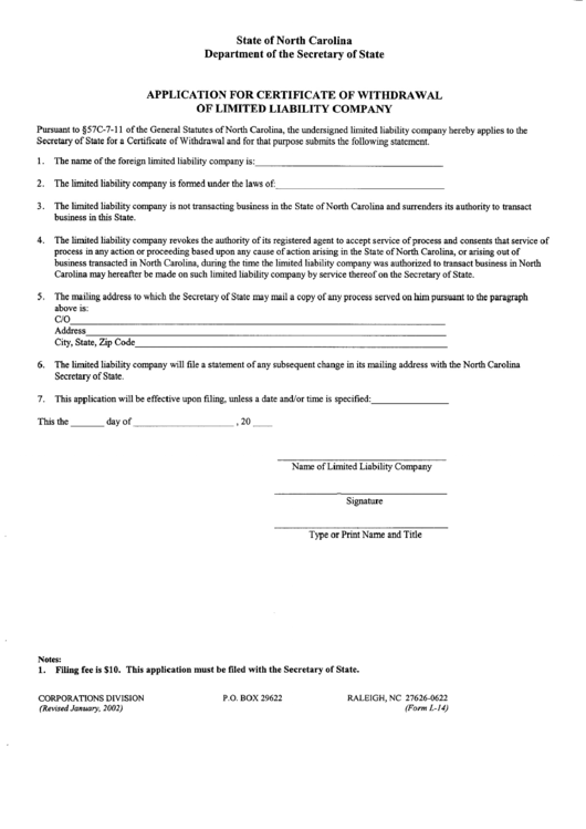 Form L-14 - Application For Certificate Of Withdrawal Of Limited Liability Company Printable pdf