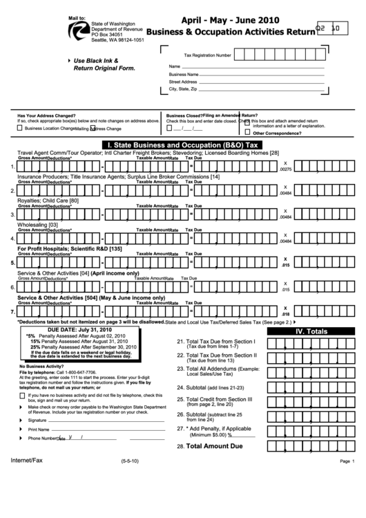 Form Q2-10 - Business & Occupation Activities Return - 2010 Printable pdf