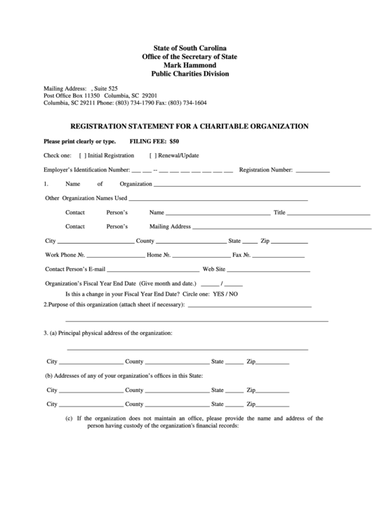 Fillable Registration Statement For A Charitable Organization Form - South Carolina Secretary Of State - 2005 Printable pdf