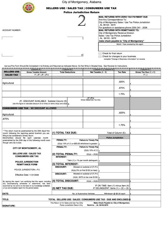 Sellers Use / Sales Tax / Consumers Use Tax Form - City Of Montgomery, Alabama Printable pdf