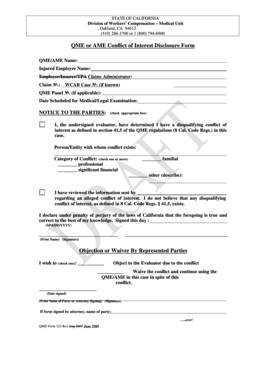 Form 123 - Qme Or Ame Conflict Of Interest Disclosure Form - California Division Of Workers