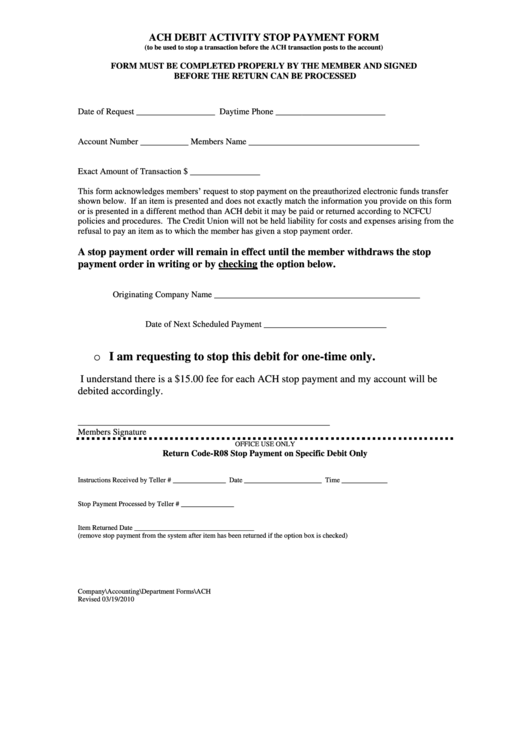 Ach Debit Activity Stop Payment Form Printable pdf