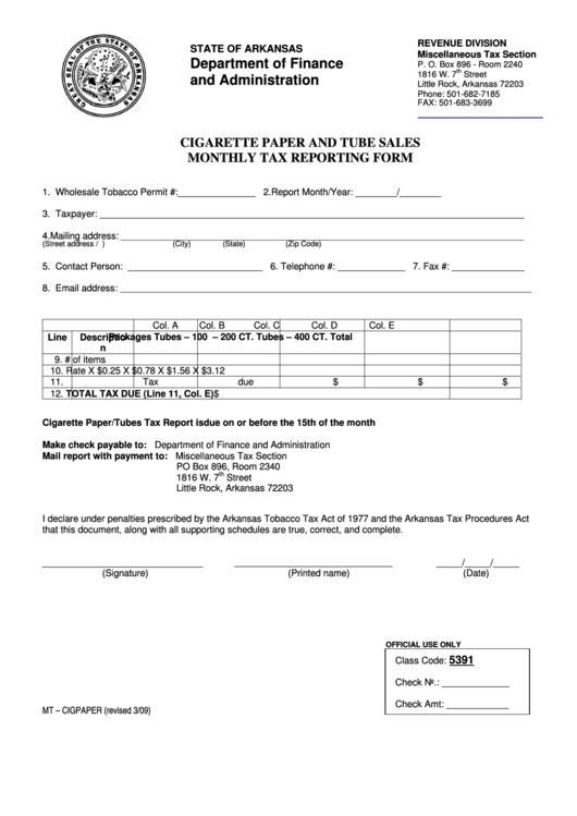 Form Mt - Cigpaper - Cigarette Paper And Tube Sales Monthly Tax Reporting Form - 2009 Printable pdf