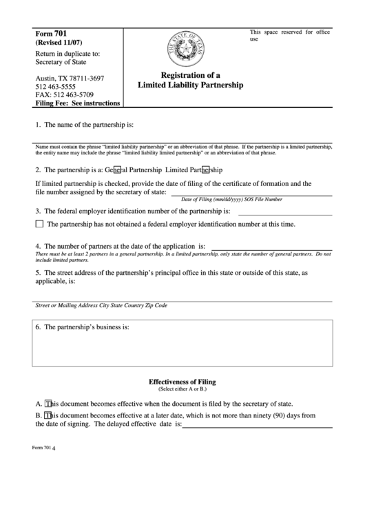 Fillable Form 701 - Registration Of A Limited Liability Partnership Printable pdf