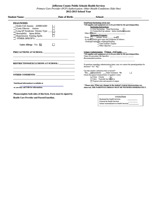 Primary Care Provider (Pcp) Authorization Form 2012-2013 - Jefferson County Public Schools Health Services Printable pdf