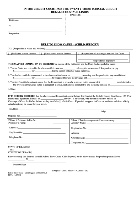 Rule To Show Cause - (Child Support) Form - Dekalb County, Illinois Printable pdf
