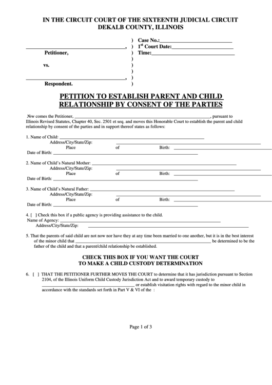 Petition To Establish Parent And Child Relationship By Consent Of The Parties Form - Dekalb County, Illinois Printable pdf