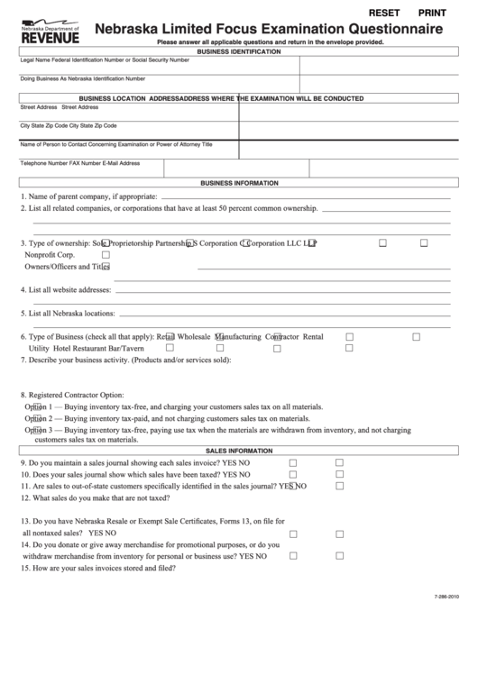 Fillable Nebraska Limited Focus Examination Questionnaire Sheet - 2010 Printable pdf