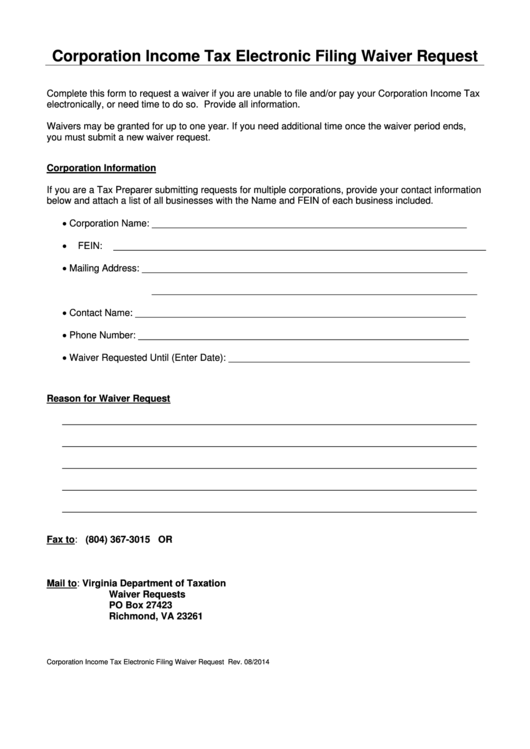 Fillable Corporation Income Tax Electronic Filing Waiver Request Form - 2014 Printable pdf