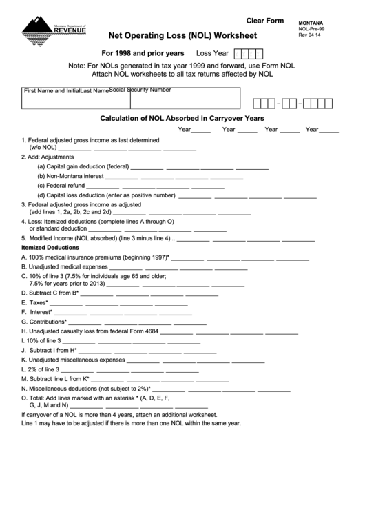 Fillable Form Nol-Pre-99 - Net Operating Loss (Nol) Worksheet - 2014 Printable pdf