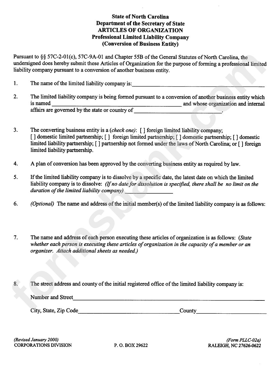 Form Pllc-02a - Articles Of Organisation - Professional Limited Liability Company