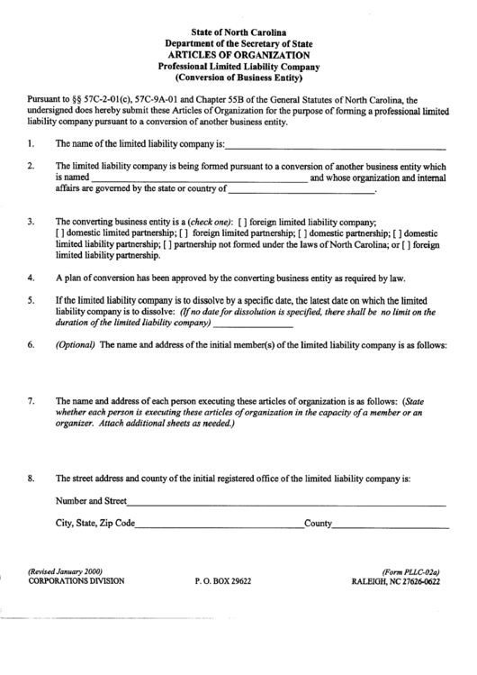 Form Pllc-02a - Articles Of Organisation - Professional Limited Liability Company Printable pdf