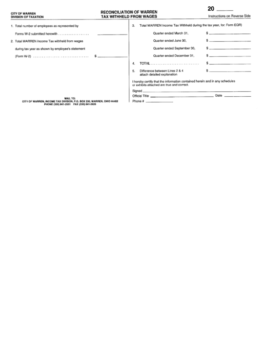 Reconciliation Of Warren Tax Withheld From Wages Form - Ohio Division Of Taxation Printable pdf