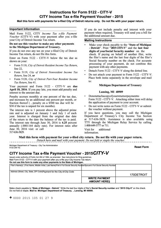 Fillable Form 5122 - City Income Tax E-File Payment Voucher - 2015 - Michigan Department Of Treasury Printable pdf