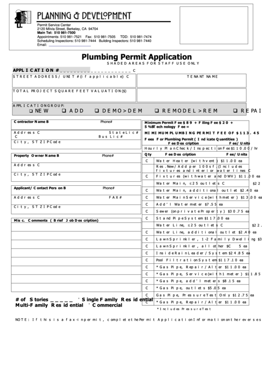 Plumbing Permit Application Form Printable pdf