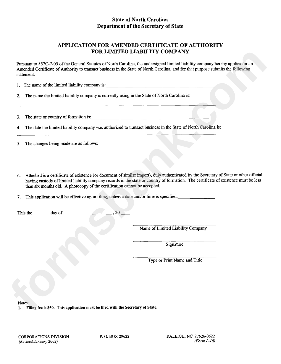Form L-10 - Application For Amended Certificate Of Authority For Llc