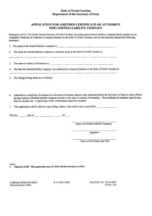 Form L-10 - Application For Amended Certificate Of Authority For Llc Printable pdf