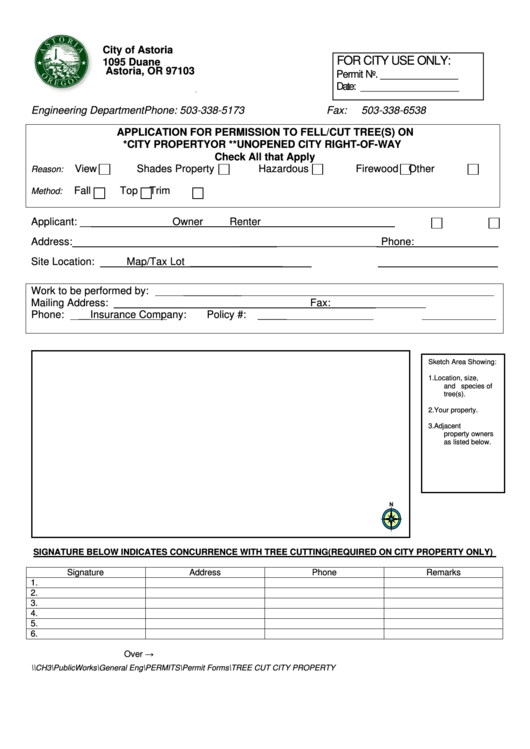 Application For Permission To Fell/cut Tree(S) - City Of Astoria Engineering Department Printable pdf