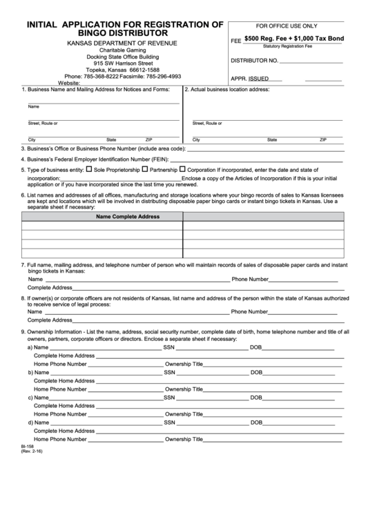 Fillable Form Bi-158 - Initial Application For Registration Of Bingo Distributor Printable pdf