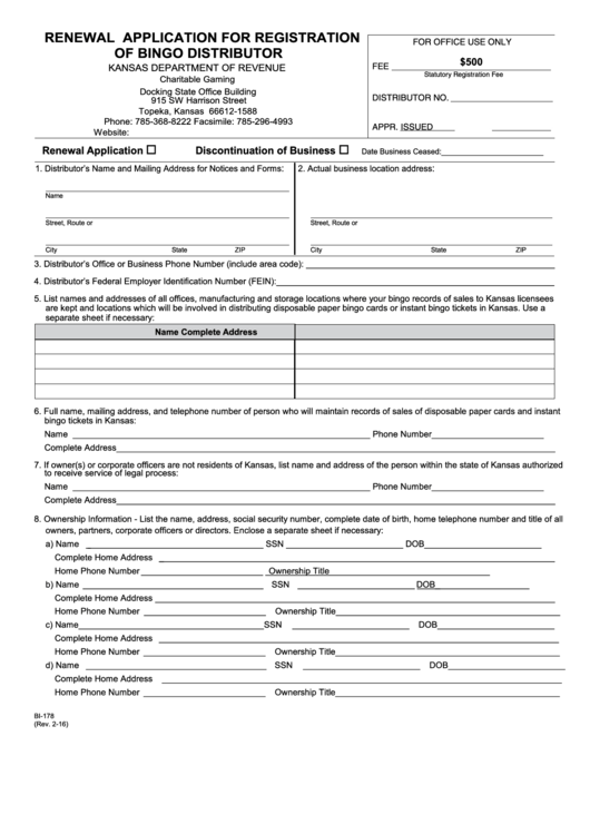 Fillable Form Bi-178 - Renewal Application For Registration Of Bingo Distributor Printable pdf