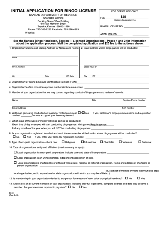 Fillable Form Bi-60 - Initial Application For Bingo License Form - Kansas Department Of Revenue Printable pdf