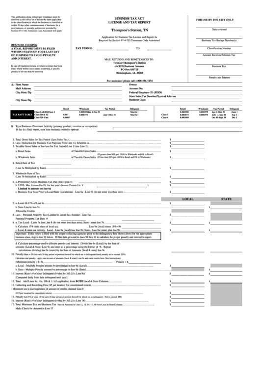 Business Tax Act / License And Tax Report Form - Thompson