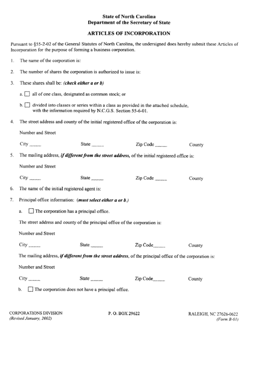 Form B-01 - Articles Of Incorporation Printable pdf