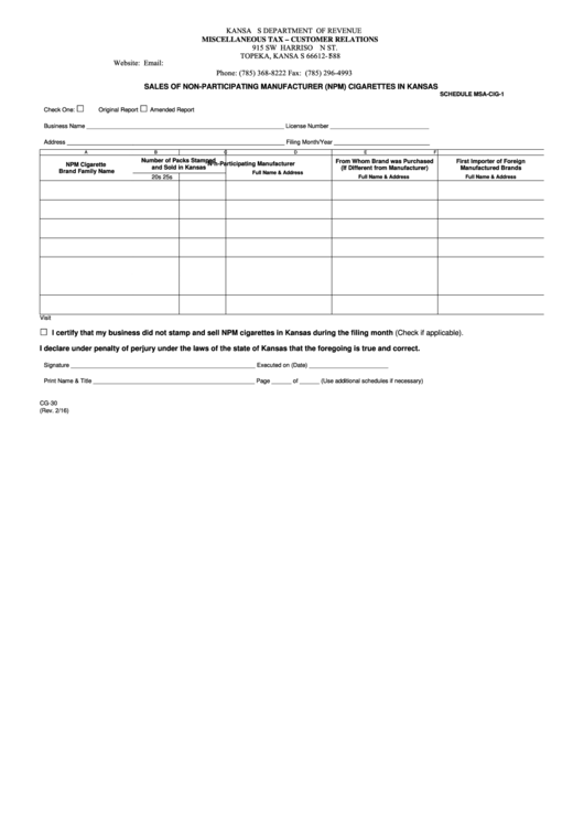 Fillable Form Cg-30 - Sales Of Non-Participating Manufacturer (Npm) Cigarettes In Kansas Printable pdf