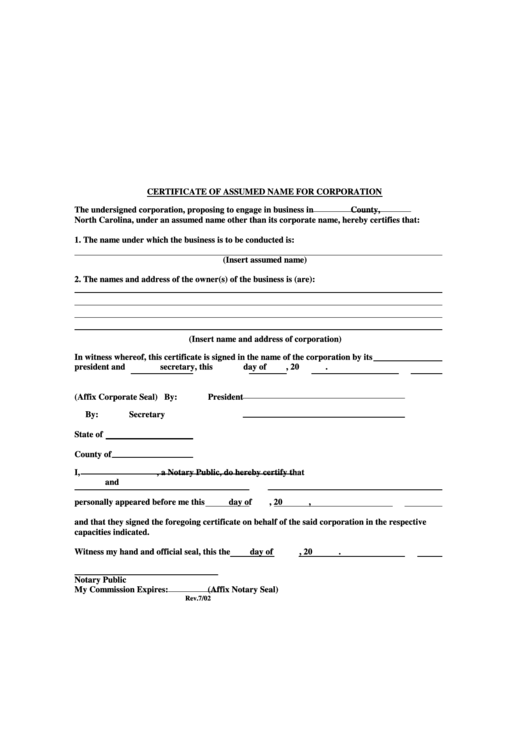 Certificate Of Assumed Name For Corporation Form Printable pdf