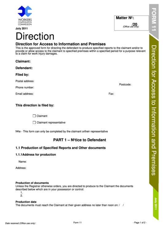 Form 11 - Direction For Access To Information And Premises - 2011 Printable pdf