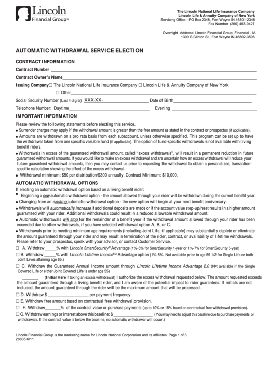 Fillable Automatic Withdrawal Service Election Form - Lincoln National Life Insurance Company Printable pdf