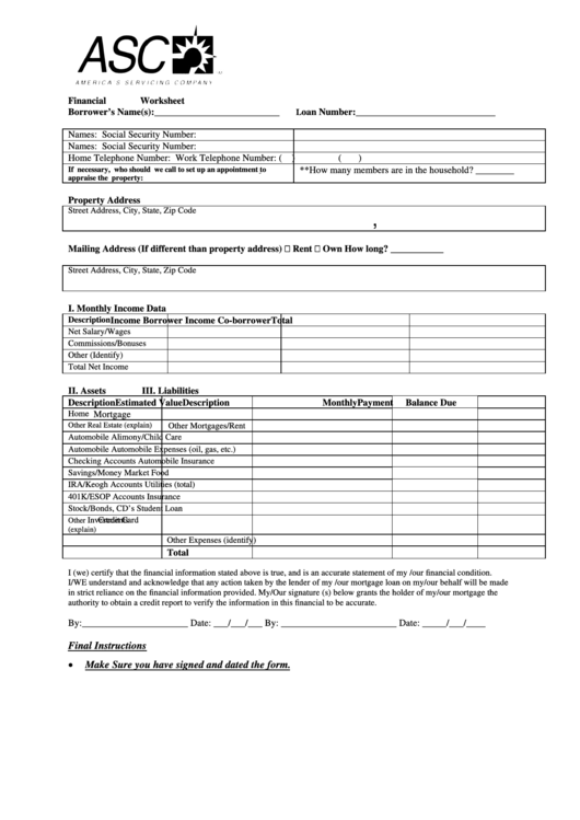 Fillable Financial Worksheet Printable pdf