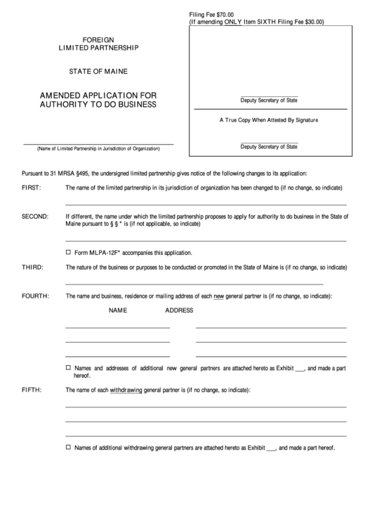 Form Mlpa-12a - Amended Application For Authority To Do Business Form - Secretary Of State - Maine Printable pdf