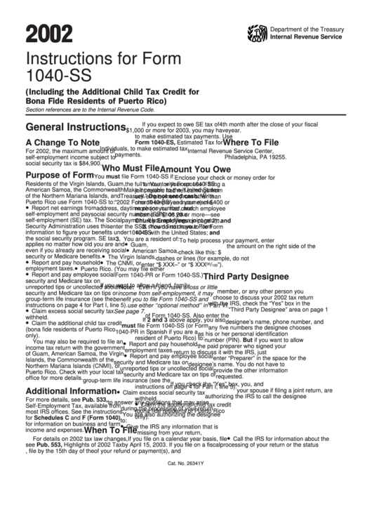 Instructions For Form 1040-Ss - U.s. Self-Employment Tax Return (Including The Additional Child Tax Credit For Bona Fide Residents Of Puerto Rico) - Internal Revenue Service - 2002 Printable pdf
