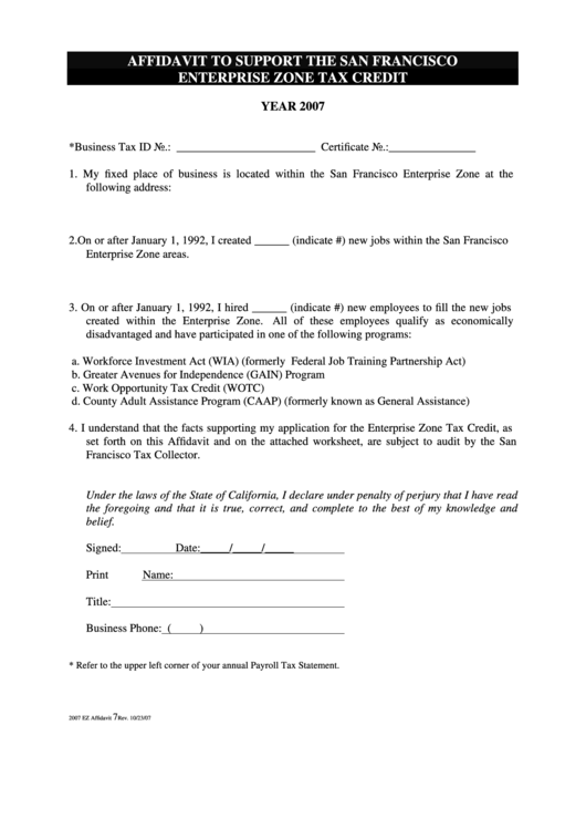 Affidavit To Support The San Francisco Enterprise Zone Tax Credit - 2007 Printable pdf